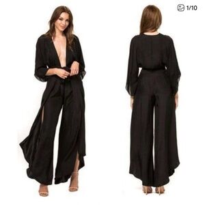 Plunge-Neck Black Wide-Leg Jumpsuit